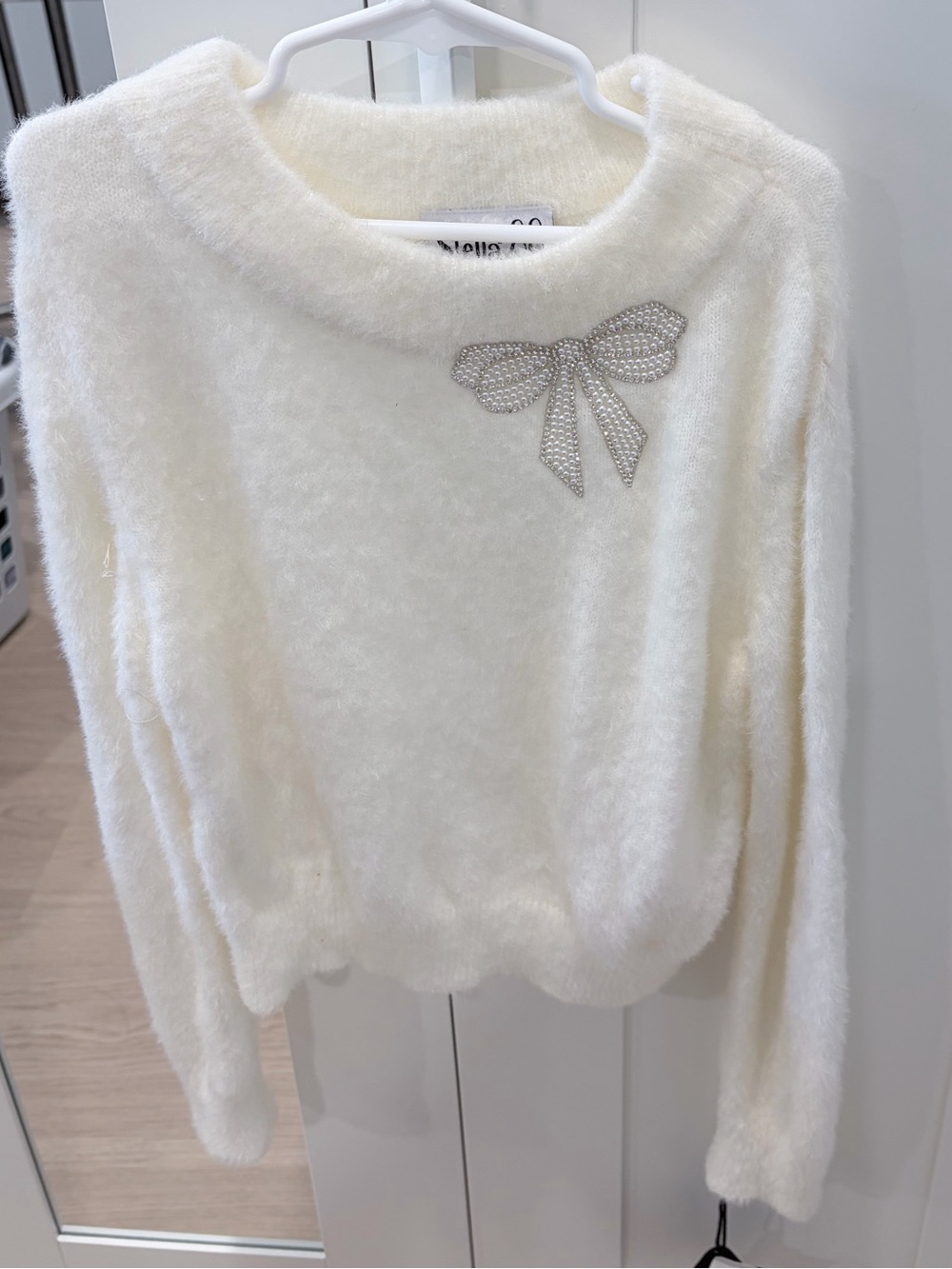 Girls Cozy Cream Fuzzy Bow-Accent Sweater
